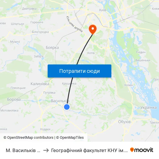 М. Васильків (Піски) to Географічний факультет КНУ ім. Т. Шевченка map