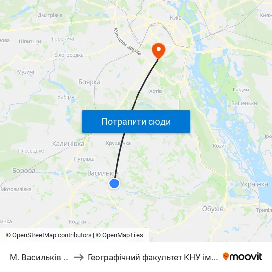 М. Васильків (Піски) to Географічний факультет КНУ ім. Т. Шевченка map