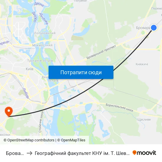 Бровари to Географічний факультет КНУ ім. Т. Шевченка map