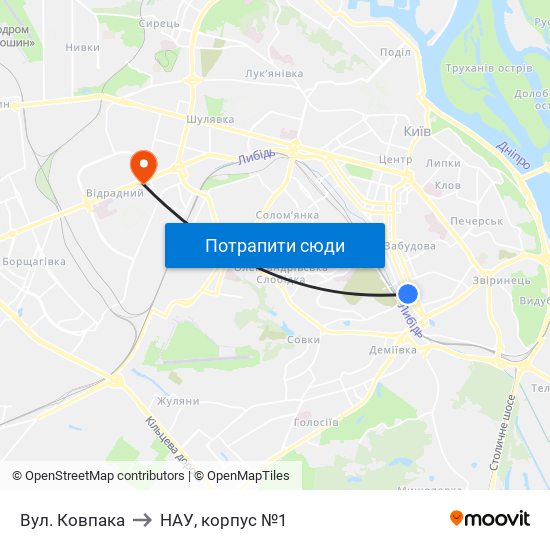 Вул. Ковпака to НАУ, корпус №1 map