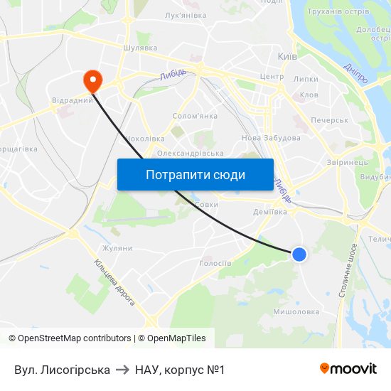 Вул. Лисогірська to НАУ, корпус №1 map