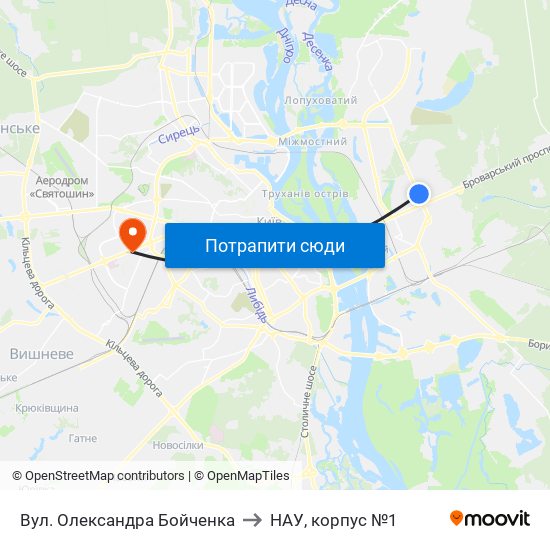 Вул. Олександра Бойченка to НАУ, корпус №1 map