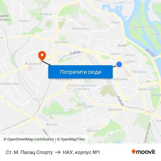 Ст. М. Палац Спорту to НАУ, корпус №1 map