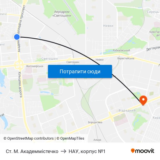 Ст. М. Академмістечко to НАУ, корпус №1 map