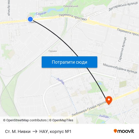 Ст. М. Нивки to НАУ, корпус №1 map