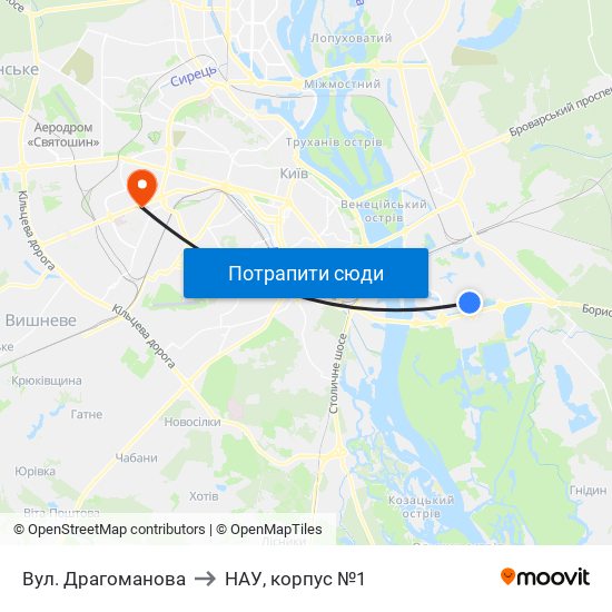 Вул. Драгоманова to НАУ, корпус №1 map