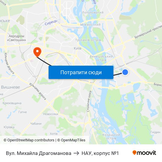 Вул. Михайла Драгоманова to НАУ, корпус №1 map