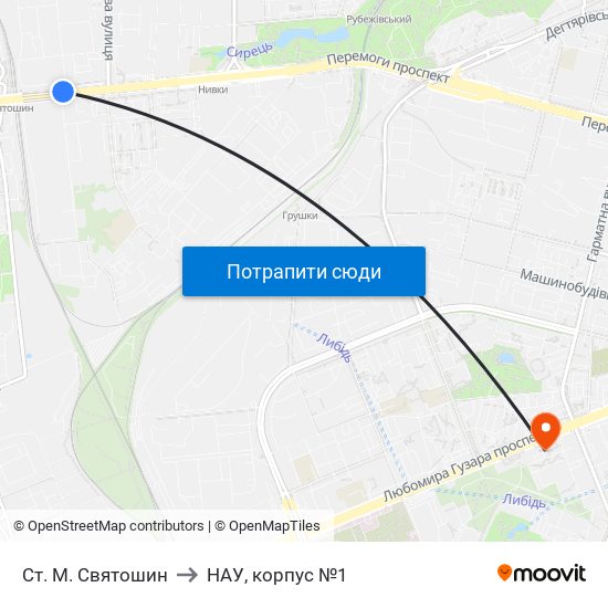 Ст. М. Святошин to НАУ, корпус №1 map