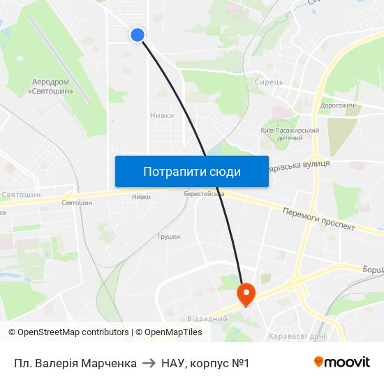 Пл. Валерія Марченка to НАУ, корпус №1 map