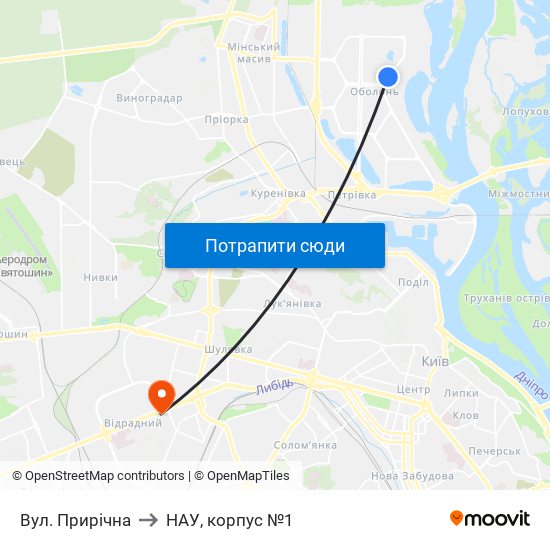 Вул. Прирічна to НАУ, корпус №1 map