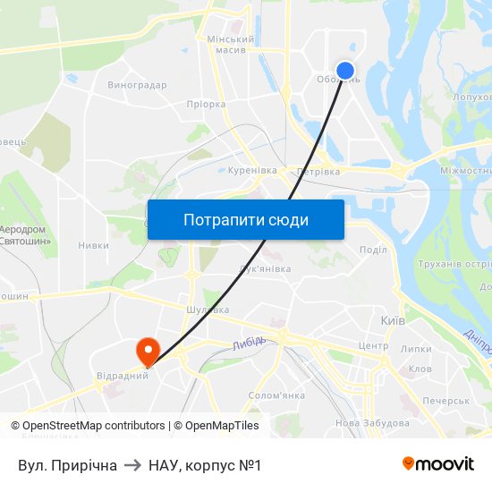 Вул. Прирічна to НАУ, корпус №1 map