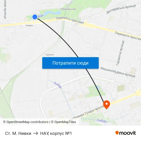 Ст. М. Нивки to НАУ, корпус №1 map
