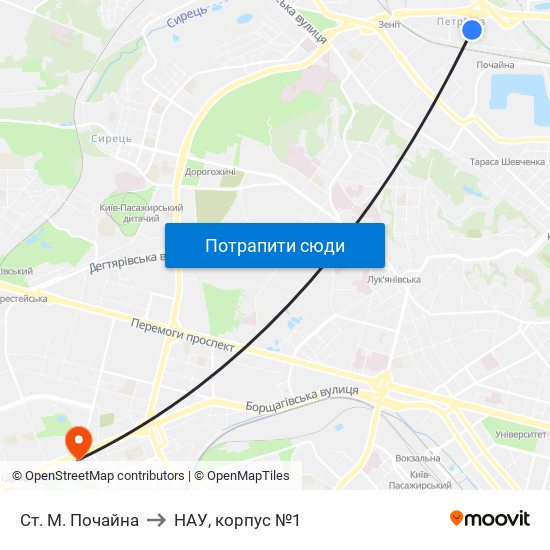 Ст. М. Почайна to НАУ, корпус №1 map