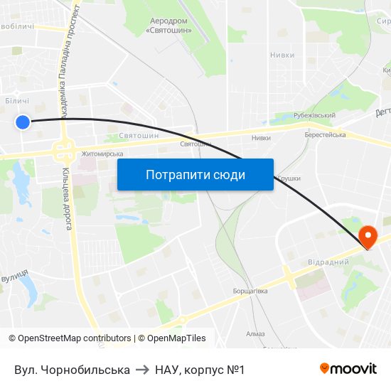 Вул. Чорнобильська to НАУ, корпус №1 map