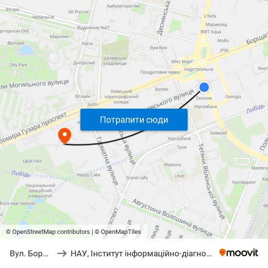 Вул. Борщагівська to НАУ, Інститут інформаційно-діагностичних систем 11 корпус map