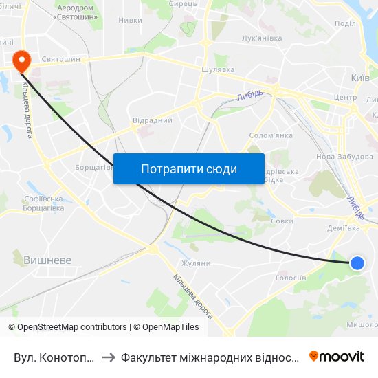 Вул. Конотопська to Факультет міжнародних відносин КіМУ map