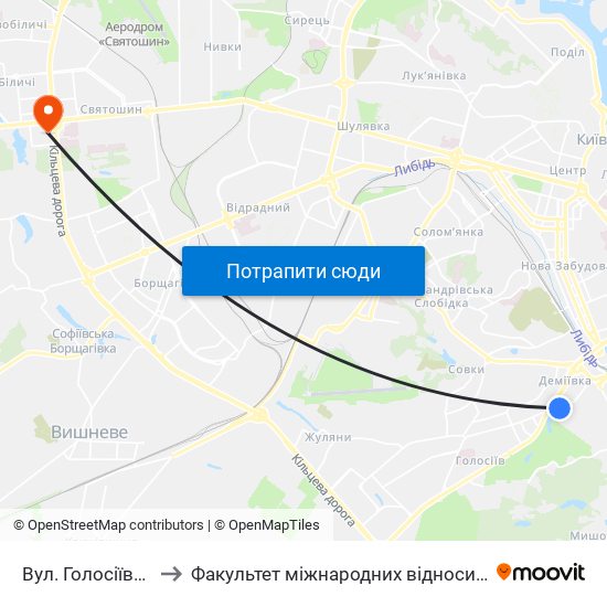 Вул. Голосіївська to Факультет міжнародних відносин КіМУ map