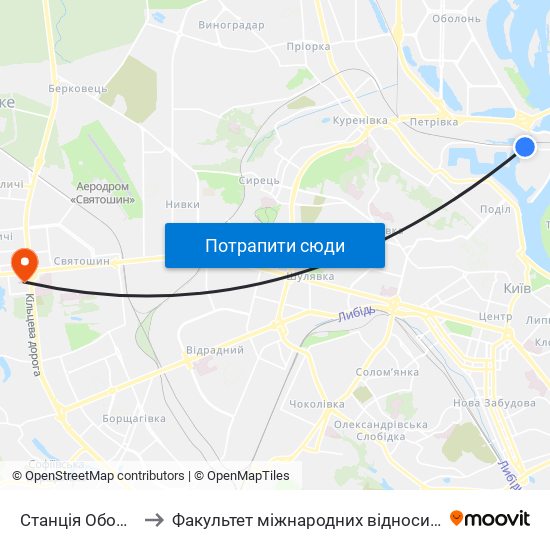 Станція Оболонь to Факультет міжнародних відносин КіМУ map