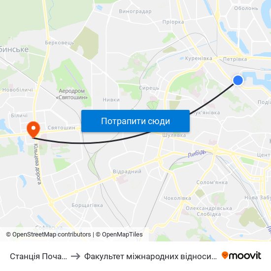 Станція Почайна to Факультет міжнародних відносин КіМУ map