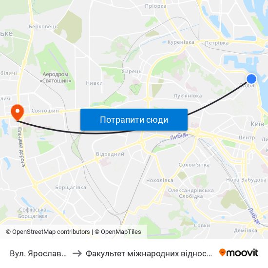 Вул. Ярославська to Факультет міжнародних відносин КіМУ map