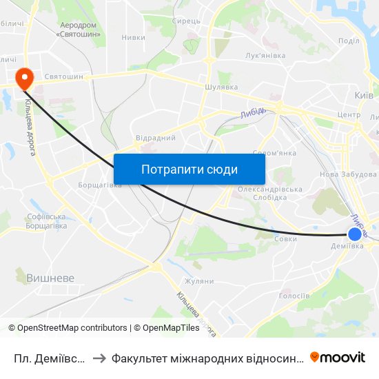 Пл. Деміївська to Факультет міжнародних відносин КіМУ map