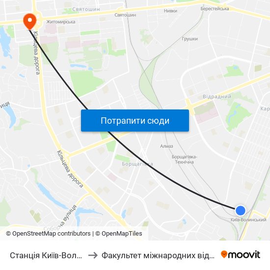 Станція Київ-Волинський to Факультет міжнародних відносин КіМУ map