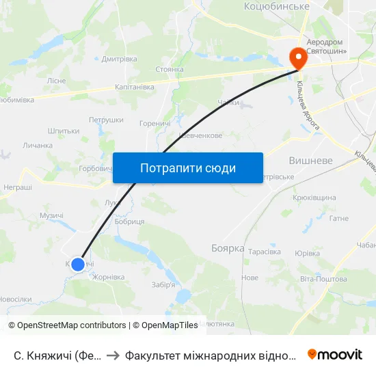 С. Княжичі (Ферма) to Факультет міжнародних відносин КіМУ map