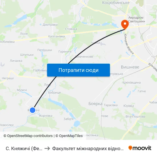 С. Княжичі (Ферма) to Факультет міжнародних відносин КіМУ map