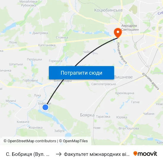 С. Бобриця (Вул. Шевченка) to Факультет міжнародних відносин КіМУ map
