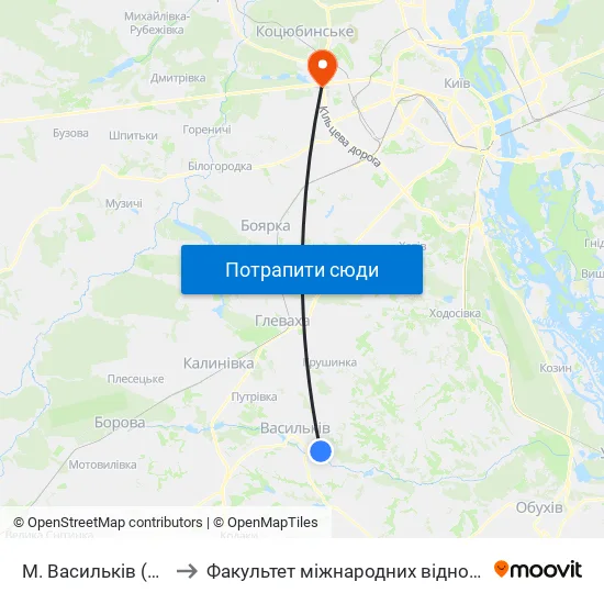 М. Васильків (Піски) to Факультет міжнародних відносин КіМУ map