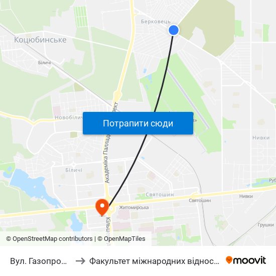 Вул. Газопровідна to Факультет міжнародних відносин КіМУ map