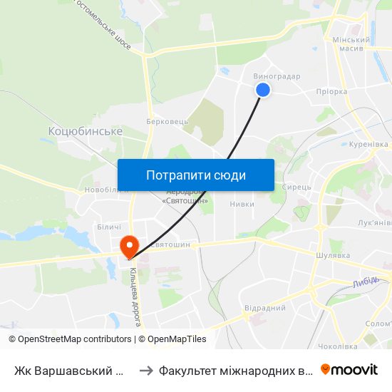 Жк Варшавський Мікрорайон to Факультет міжнародних відносин КіМУ map