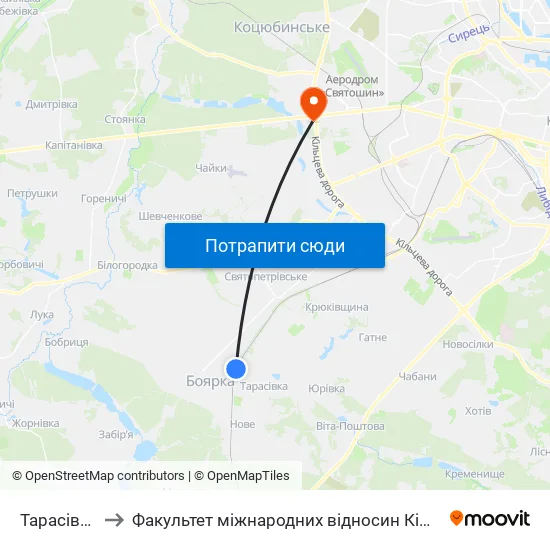 Тарасівка to Факультет міжнародних відносин КіМУ map