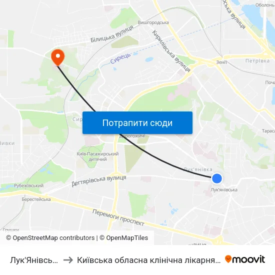 Лук'Янівська to Київська обласна клінічна лікарня #2 map