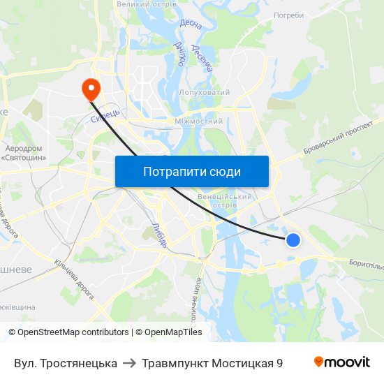 Вул. Тростянецька to Травмпункт Мостицкая 9 map