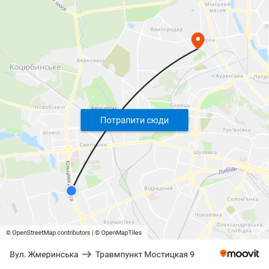 Вул. Жмеринська to Травмпункт Мостицкая 9 map