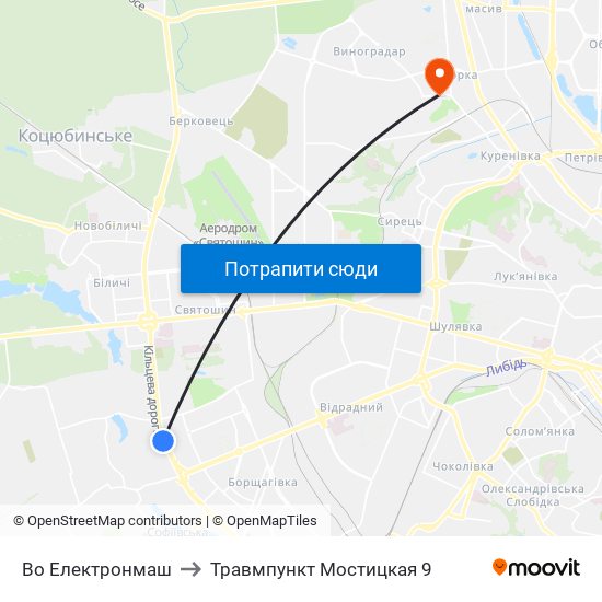 Во Електронмаш to Травмпункт Мостицкая 9 map