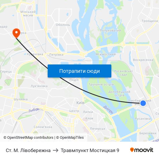 Ст. М. Лівобережна to Травмпункт Мостицкая 9 map