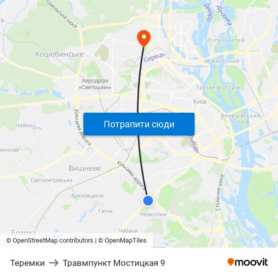 Теремки to Травмпункт Мостицкая 9 map