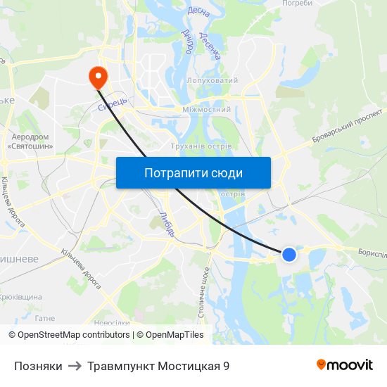 Позняки to Травмпункт Мостицкая 9 map