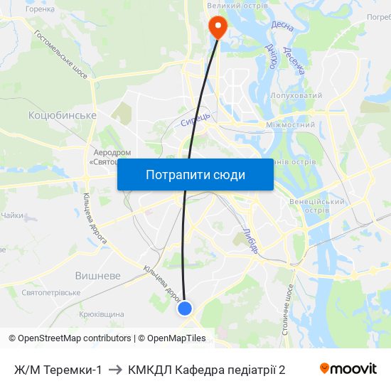 Ж/М Теремки-1 to КМКДЛ Кафедра педіатрії 2 map