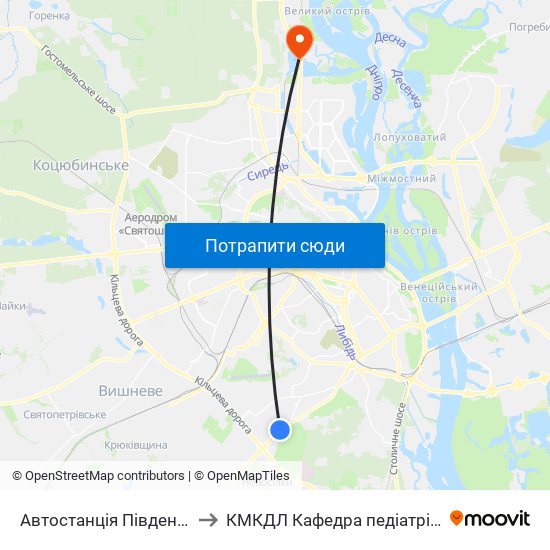 Автостанція Південна to КМКДЛ Кафедра педіатрії 2 map