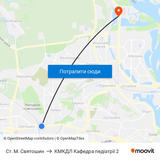 Ст. М. Святошин to КМКДЛ Кафедра педіатрії 2 map