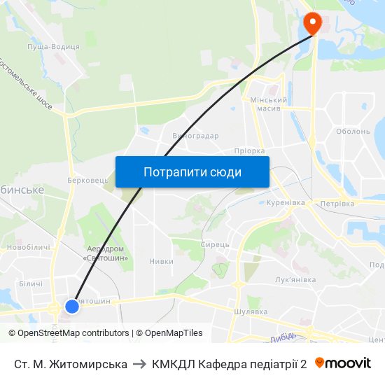 Ст. М. Житомирська to КМКДЛ Кафедра педіатрії 2 map