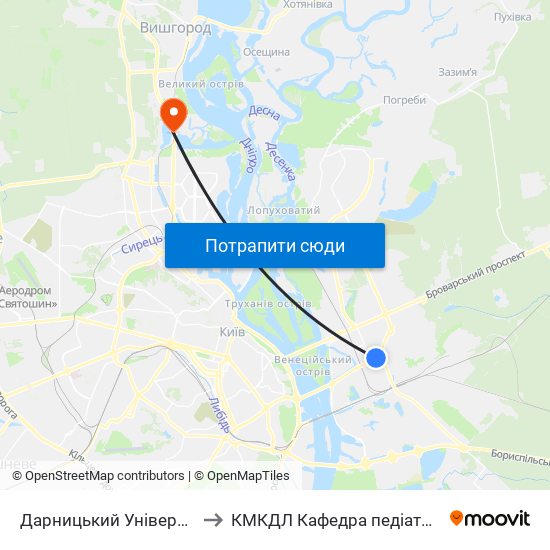 Дарницький Універмаг to КМКДЛ Кафедра педіатрії 2 map