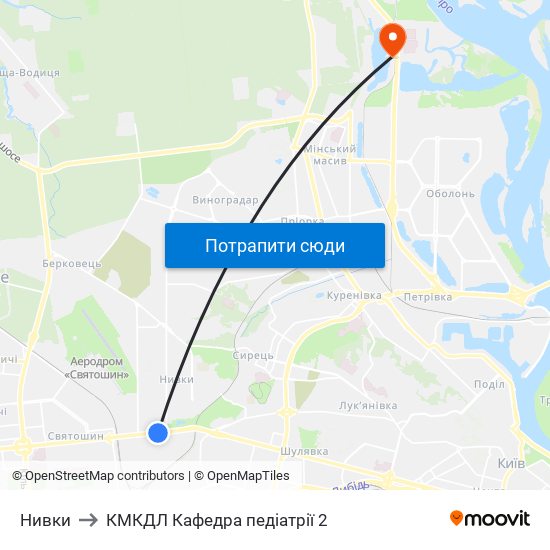 Нивки to КМКДЛ Кафедра педіатрії 2 map