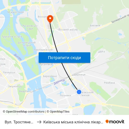 Вул. Тростянецька to Київська міська клінічна лікарня №3 map
