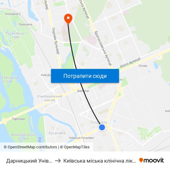 Дарницький Універмаг to Київська міська клінічна лікарня №3 map