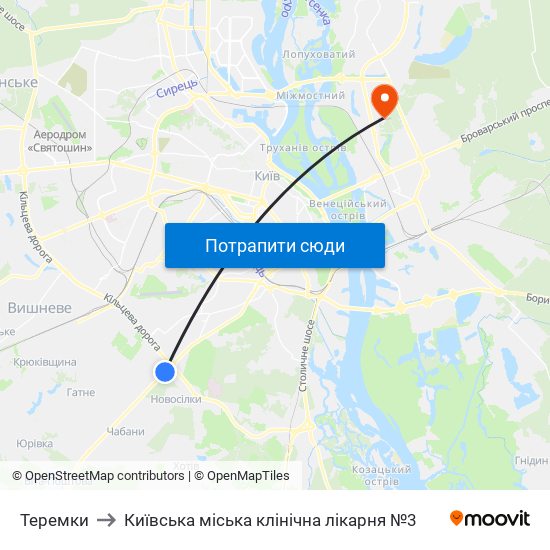 Теремки to Київська міська клінічна лікарня №3 map