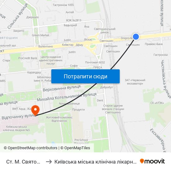 Ст. М. Святошин to Київська міська клінічна лікарня №5 map